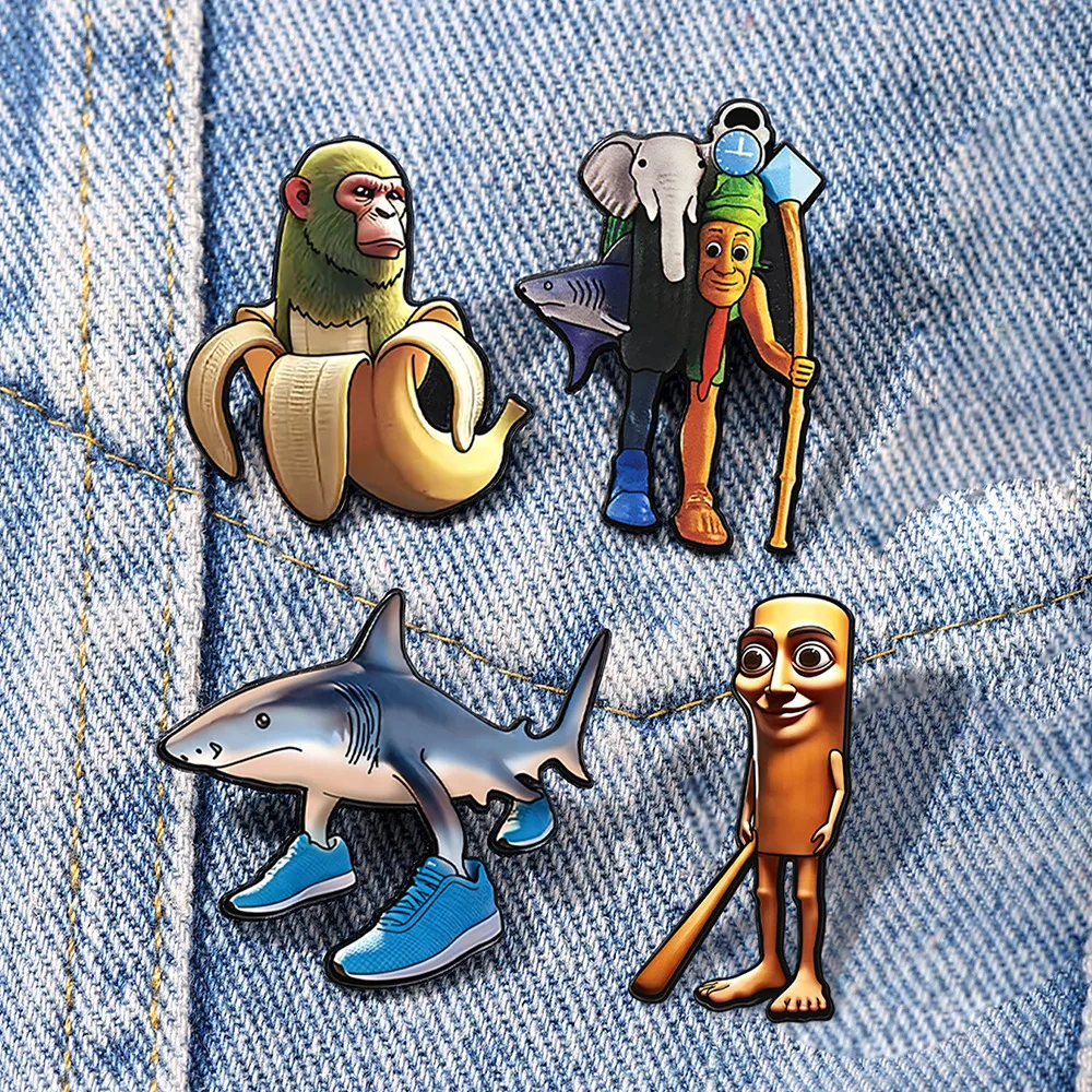 Anime Game Brooches Pins Banana Monkey Shoe Shark Elephant Wild Man Wooden Stick Character Cartoon Funny Game Badge Jewelry Gift