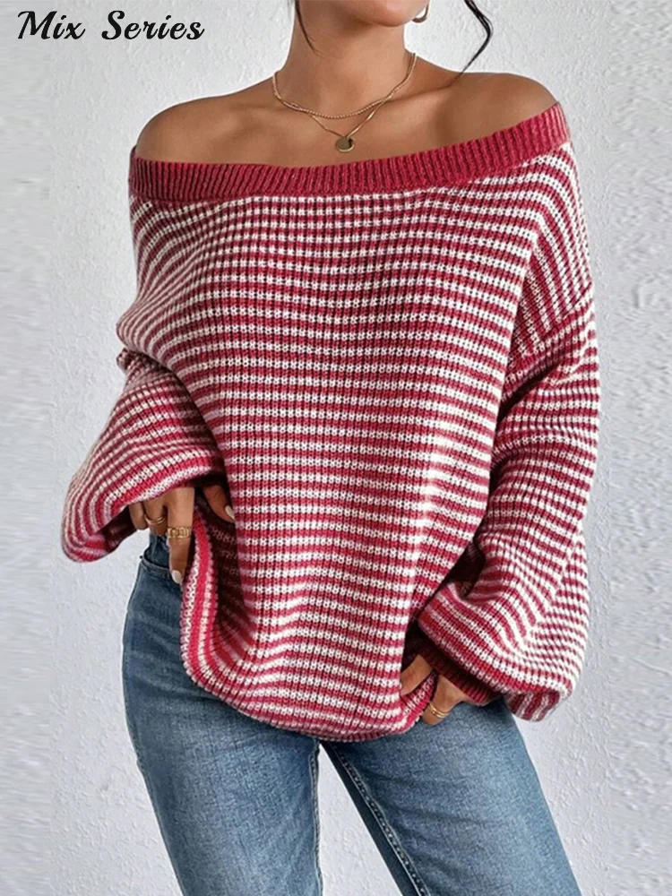 Loose Striped Drop Shoulder Pullover Women Oversized Long Lantern Sleeve O-neck Sweaters 2024 Autumn New Female Casual Knitwear