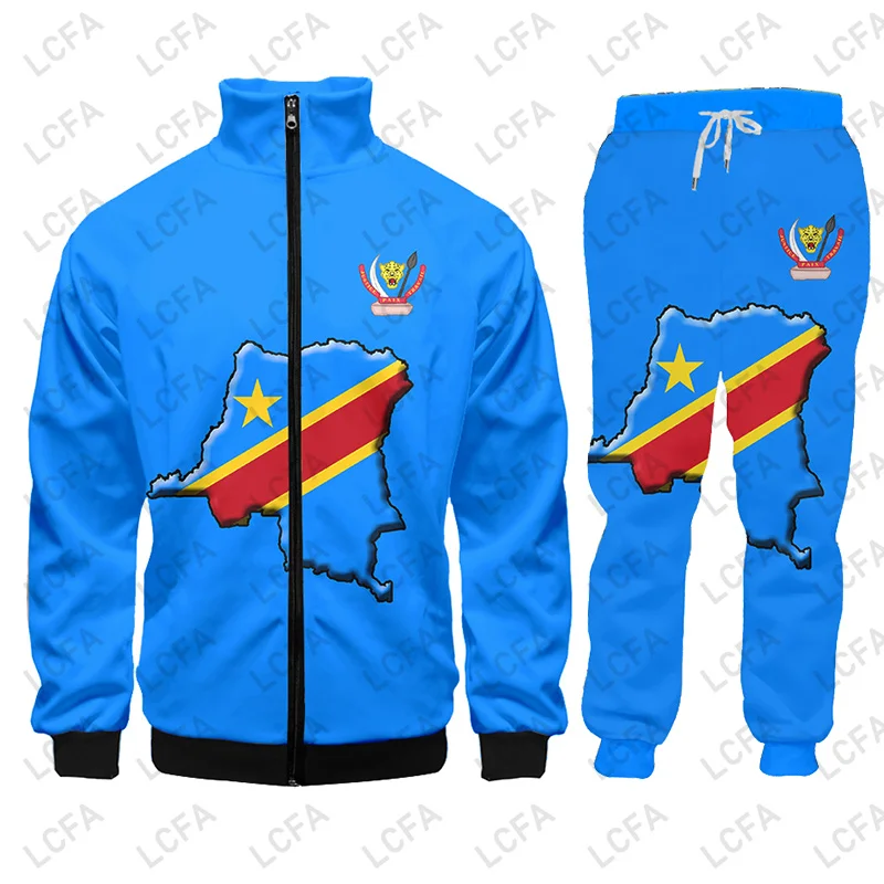 Zaire DR Congo Flag Zip up Hoodies Jacket Pants Tracksuit Men Print Oversize African Pullover Sweatshirt Unisex Clothes Dropship