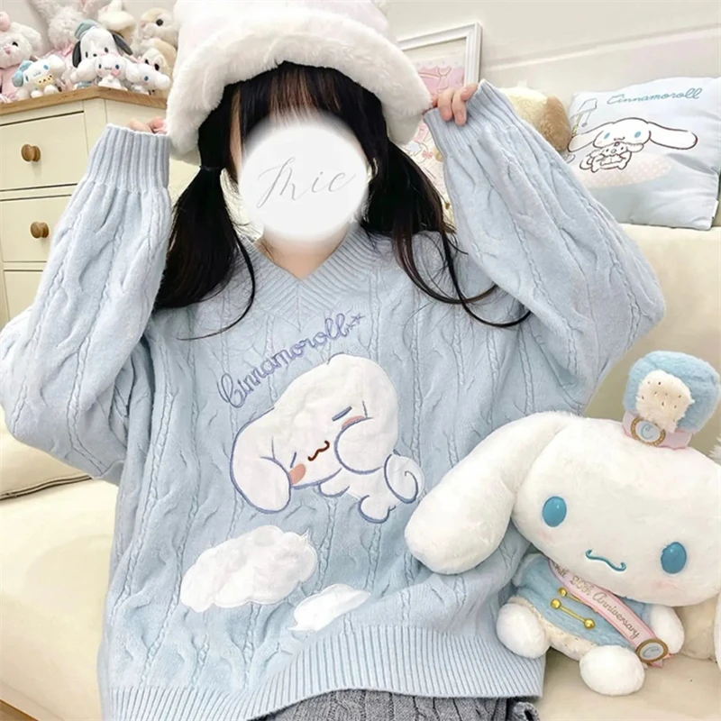 Sanrio Kawaii Cinnamoroll maglione Anime autunno e inverno ricamo a prova di freddo top interno cartone animato Pullover lavorato a maglia cappotto