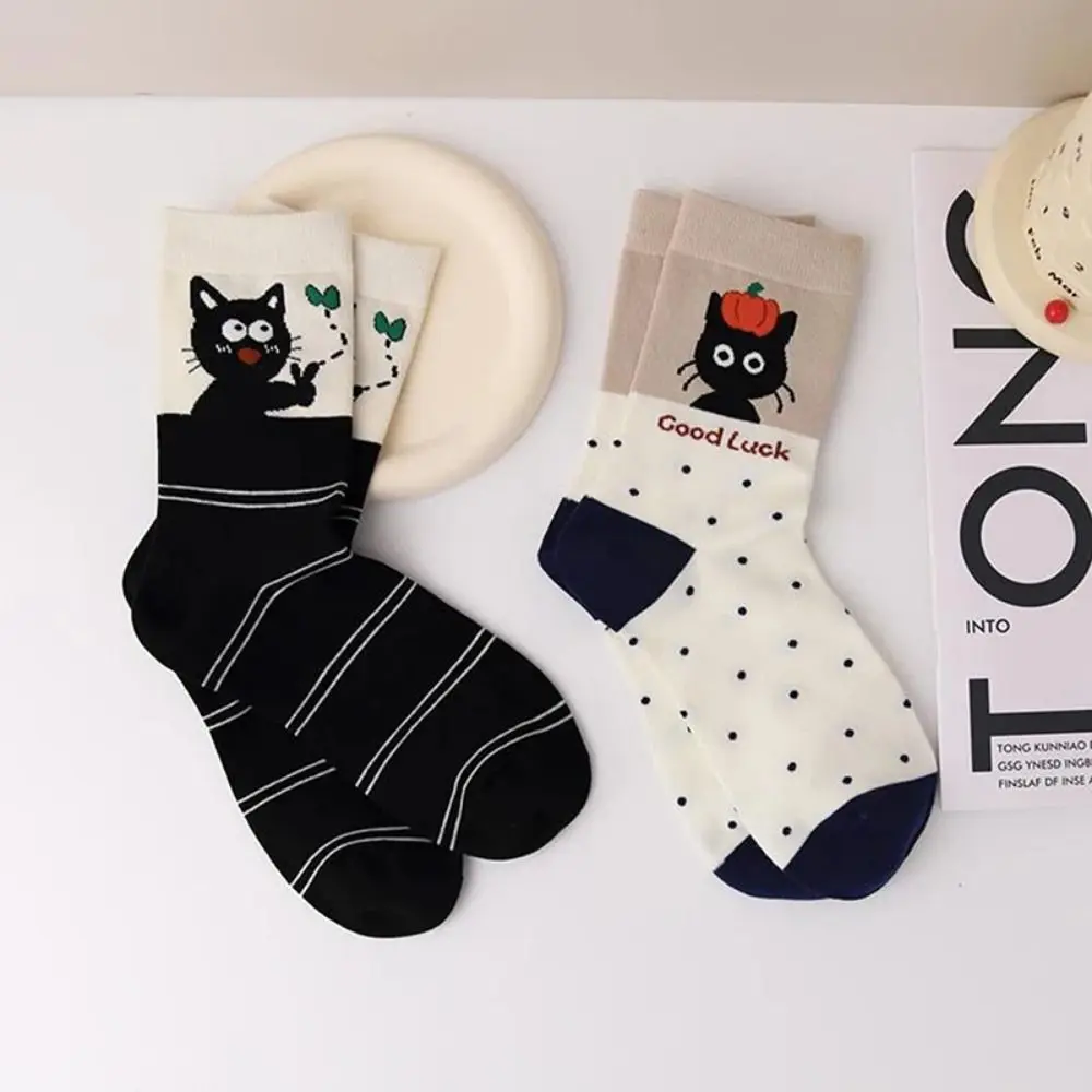 5 Pairs Sweet Cat Middle Tube Socks Thickened Breathable Polka Dot Socks Cat Wave Point Hosiery Knitted Mid-tube Socks Autumn