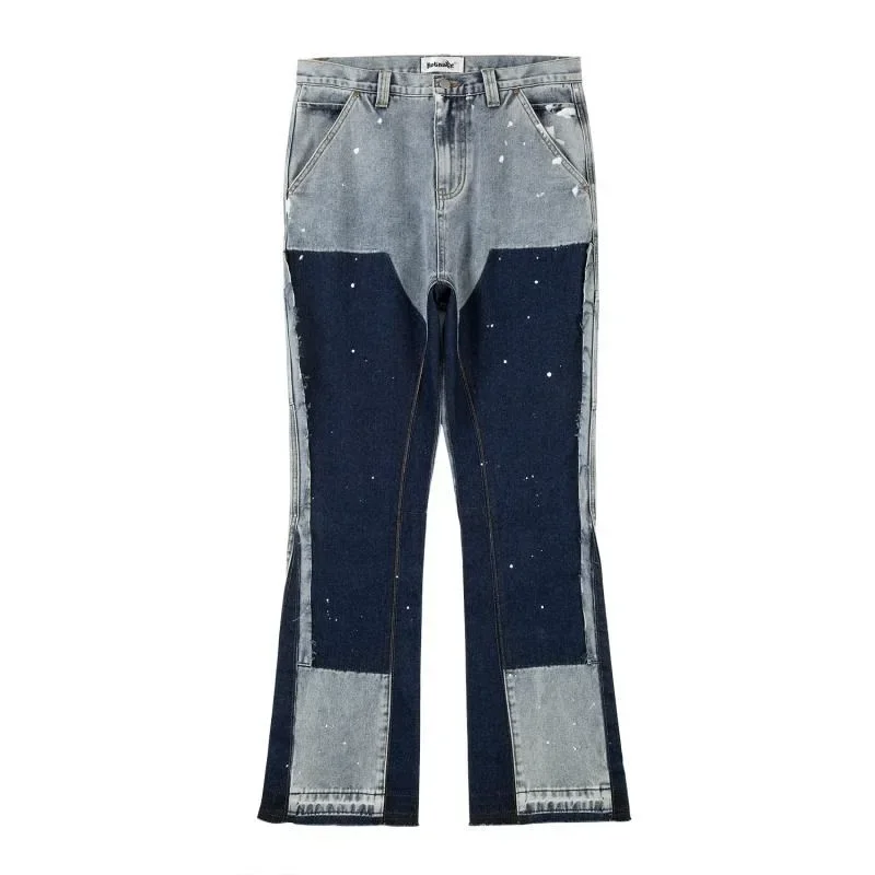 Men's jeans splashed with ink, couple jeans spliced with American fashion brands bombing street fashion Y2K bell bottoms