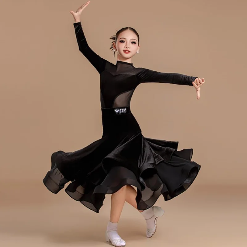 Kids Girls Velvet Mesh Waltz Ballroom Professional Costumes Long Sleeve Jumpsuit and Large Skirts Modern Dancing Clothes