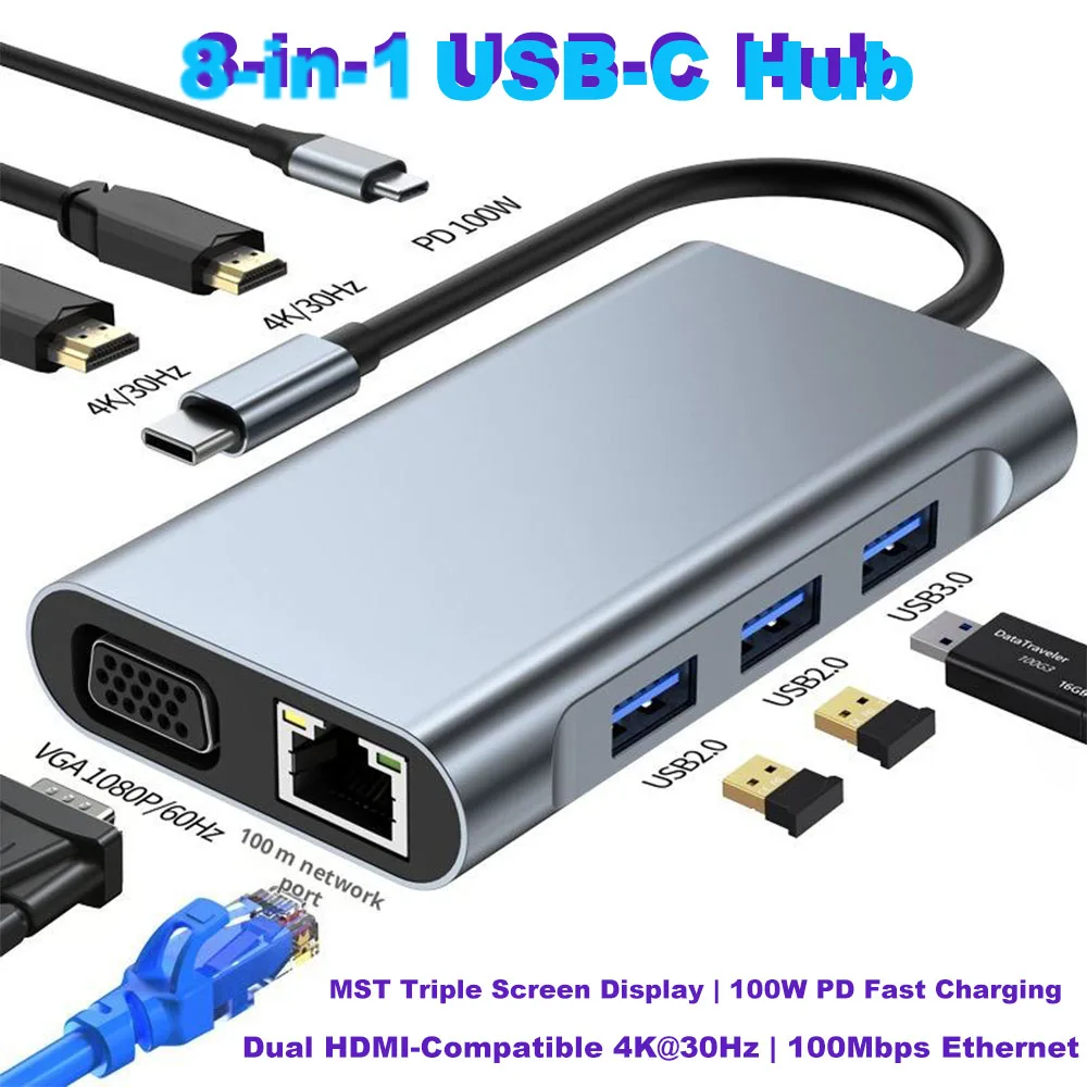 8-in-1 USB-C Multiport Hub MST Triple Screen Dual HDMI-Compatible 4K30Hz 100W PD 100Mbps Ethernet USB 3.0/2.0 for Type-C Laptops