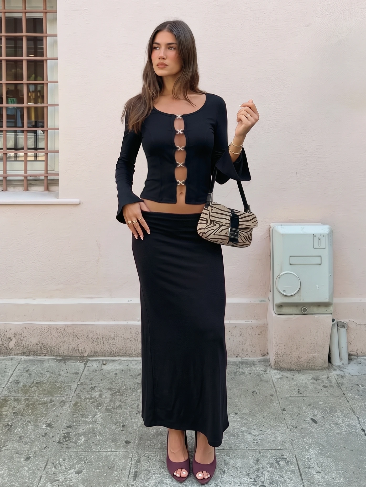 Hugcitar Fashion 2 Piece Sets Solid Long Sleeve Cut Out Sexy Crop T-Shirt Maxi Skirt Women Clothes Streetweawr Vacation Y2K