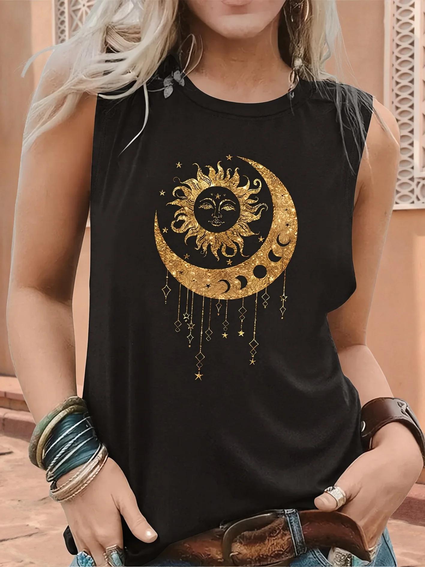 PLUS SIZE printed Summer women's loose and personalized dream catcher mesh printed vest top T-shirt comfortable sleeveless