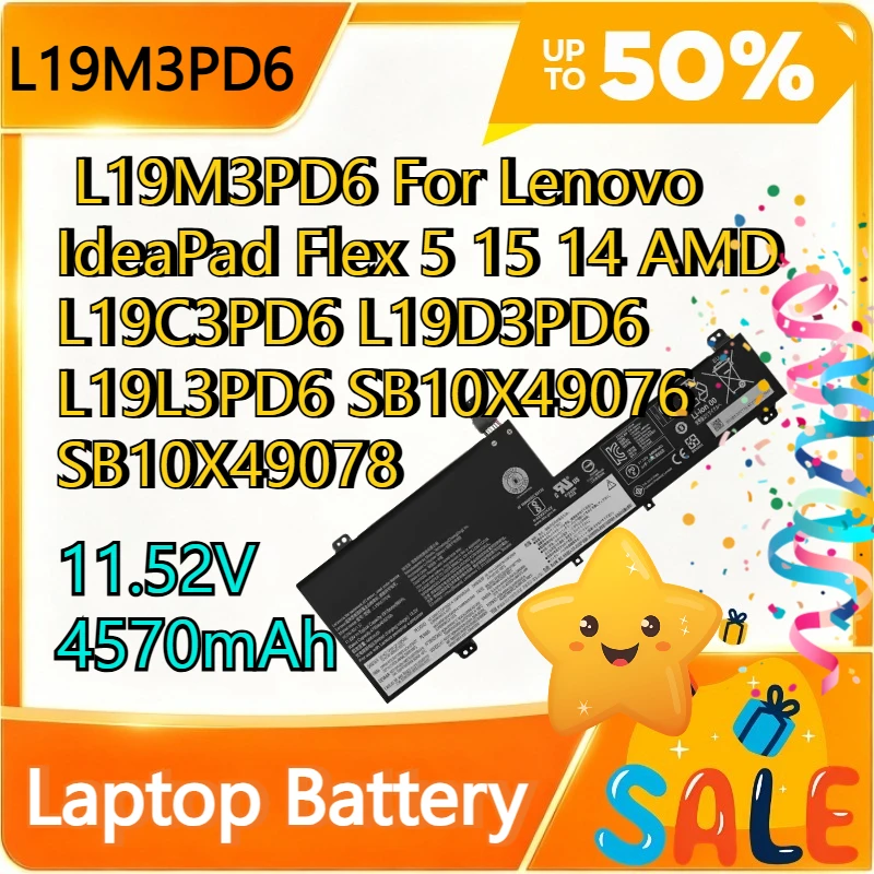 11.52V 4570mAh Laptop Battery L19M3PD6 For Lenovo IdeaPad Flex 5 15 14 AMD L19C3PD6 L19D3PD6 L19L3PD6 SB10X49076 SB10X49078