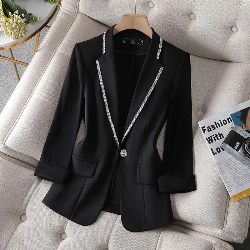 Jacket Women\'s Clothing Slim Fit Diamond Suit Formal Office Wear Work Jacket Plus Size Button Korean Short Coat Fashion Grace