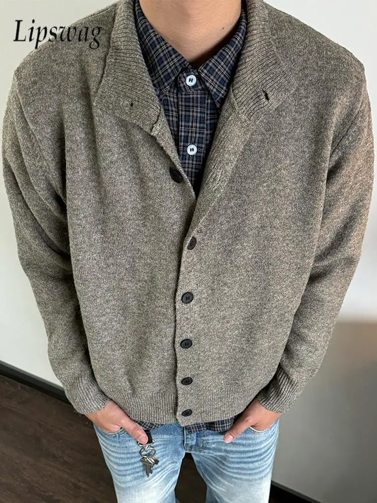 

Повседневный мужской свитер, куртка, пальто, весна-осень, винтажный свитер с воротником-стойкой на пуговицах, стильный мужской вязаный кардиган, топы