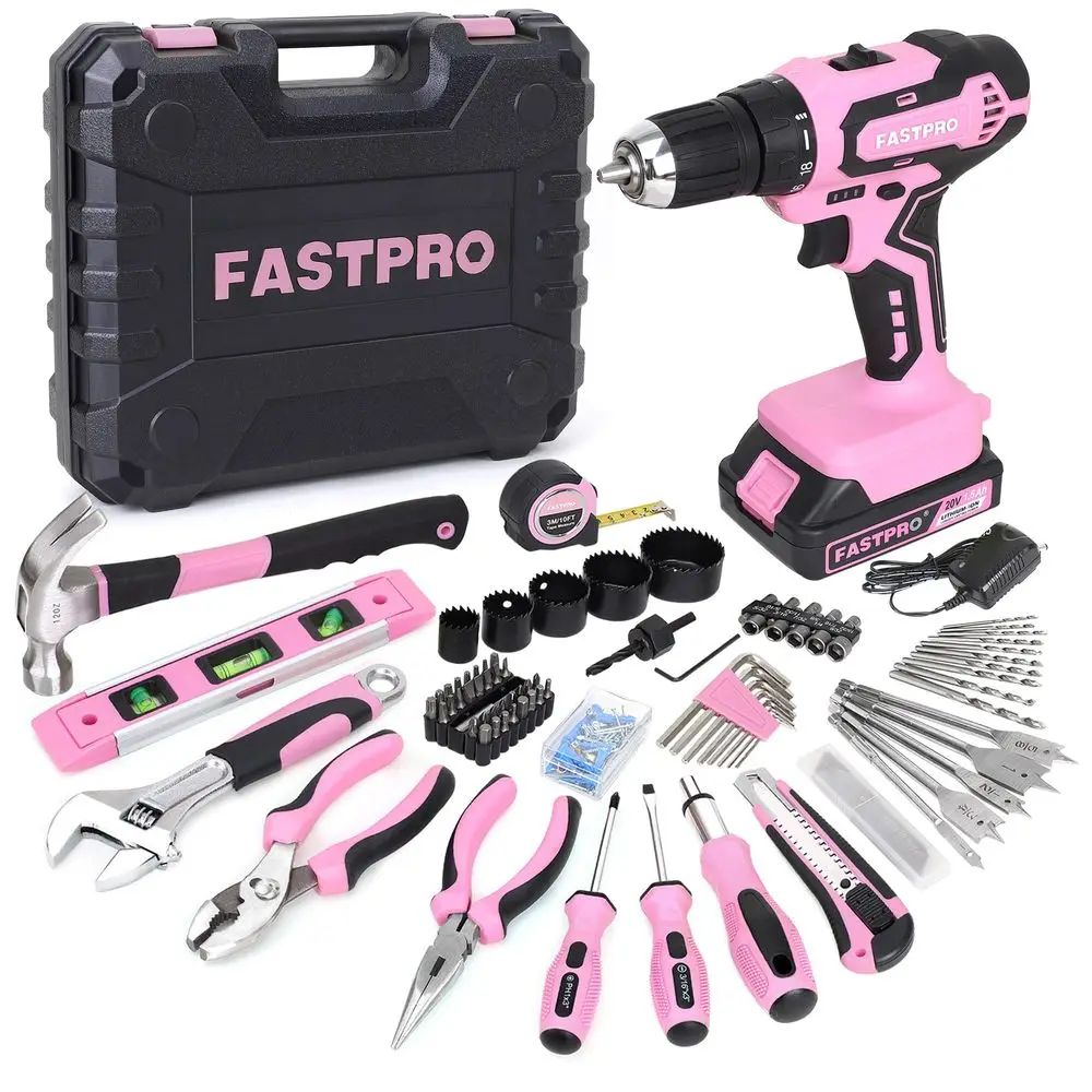 

177Piece 20V Pink Cordless Drill Driver and Home Tool Set, Ladys Home Repairing Tool Kit with Drill in Storage Case