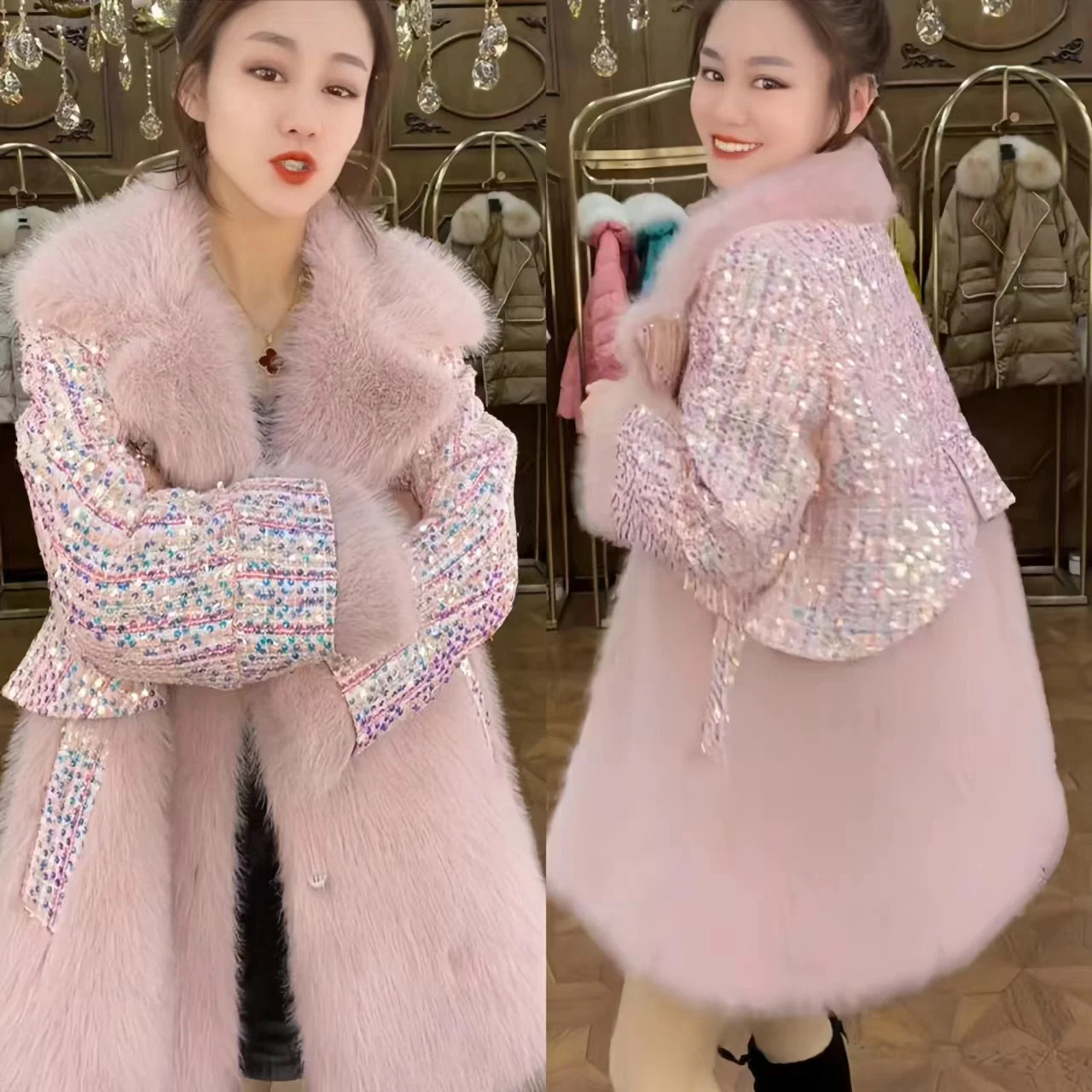 Faux Fur Coat for Women,Spliced Jacket, Sequins Overcoat, Loose Thicken Warm Coat, High Quality, Female Winter, New, 2024