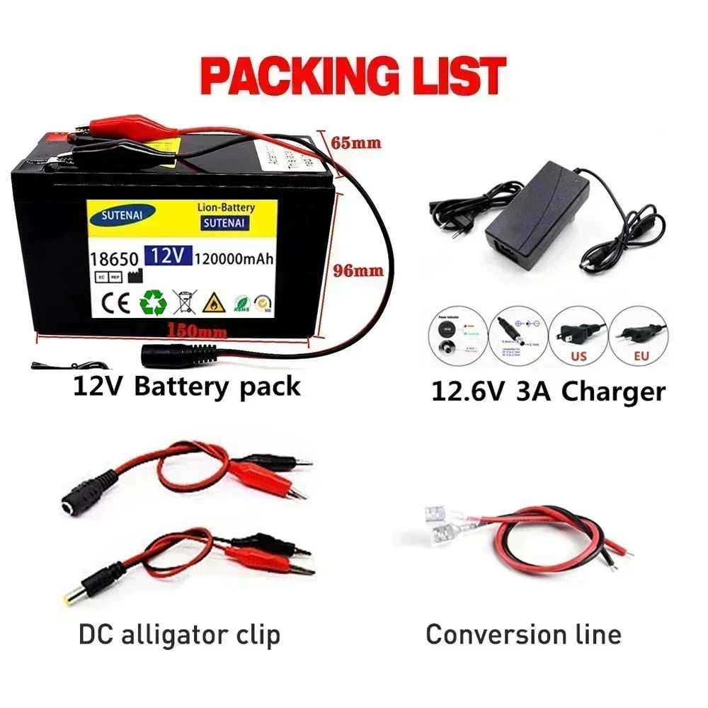 12V 120Ah 120000 mAh 18650 lithiumbatterij 30A spuit ingebouwde hoge stroom BMS batterij voor elektrische voertuigen + 12,6 V oplader