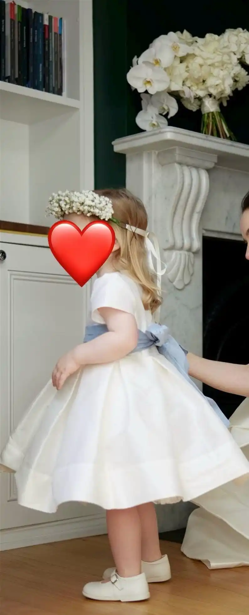 T-length Flower Girl dress classic ivory silk with ivory sash and bow Puffy straight sleeves. Under Petticoat,girl wedding dress
