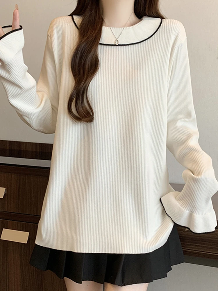 여성용 오버사이즈 라운드 넥 컬러 블록 니트웨어 겨울 신상품 롱 슬리브 다용도 편안한 스웨터