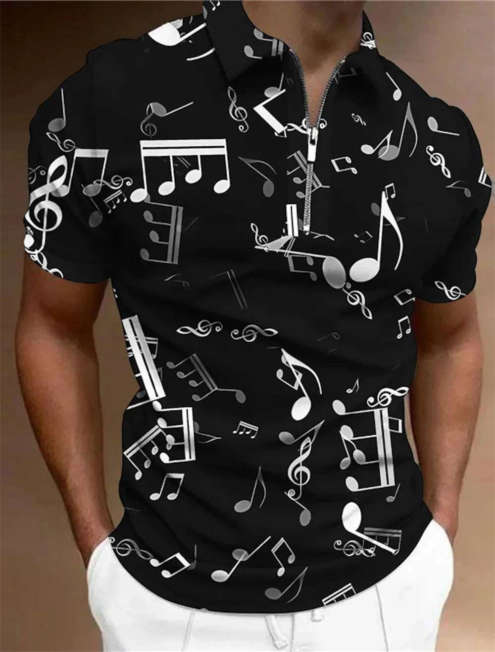 Men T-Shirt Zip Polo Men\'s Tops Golf Graphic Prints Music Notes Light Short Sleeves Zipper Print Clothing Apparel Fashion Casual