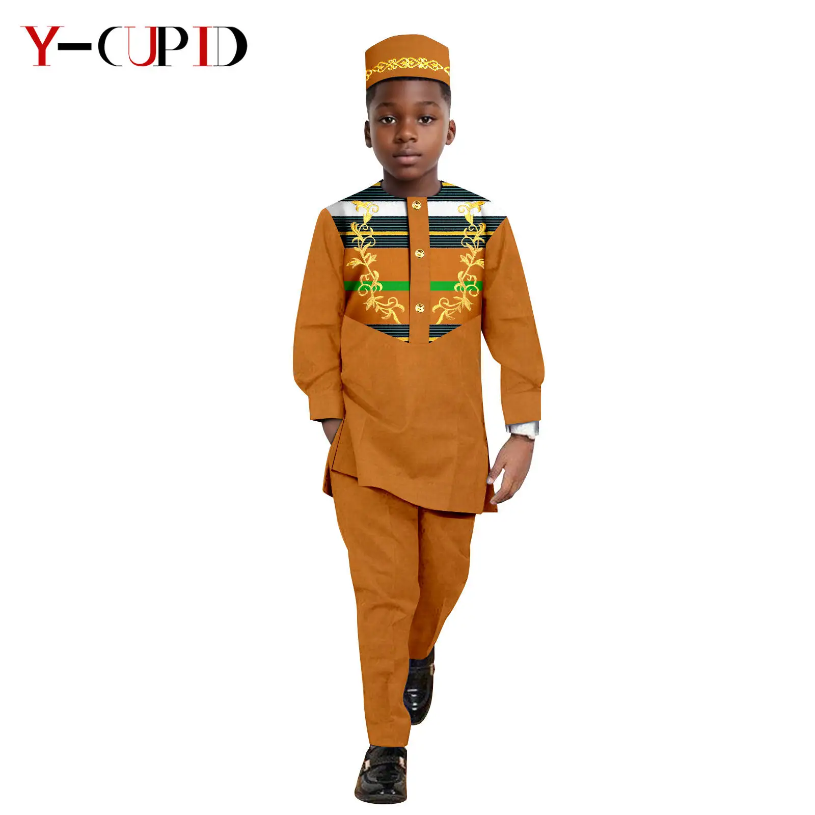 African Clothes for Kids Dashiki Boys Outfits Print Appliques Shirt and Pant Sets with Hat Bazin Riche Children Outwear 2446042