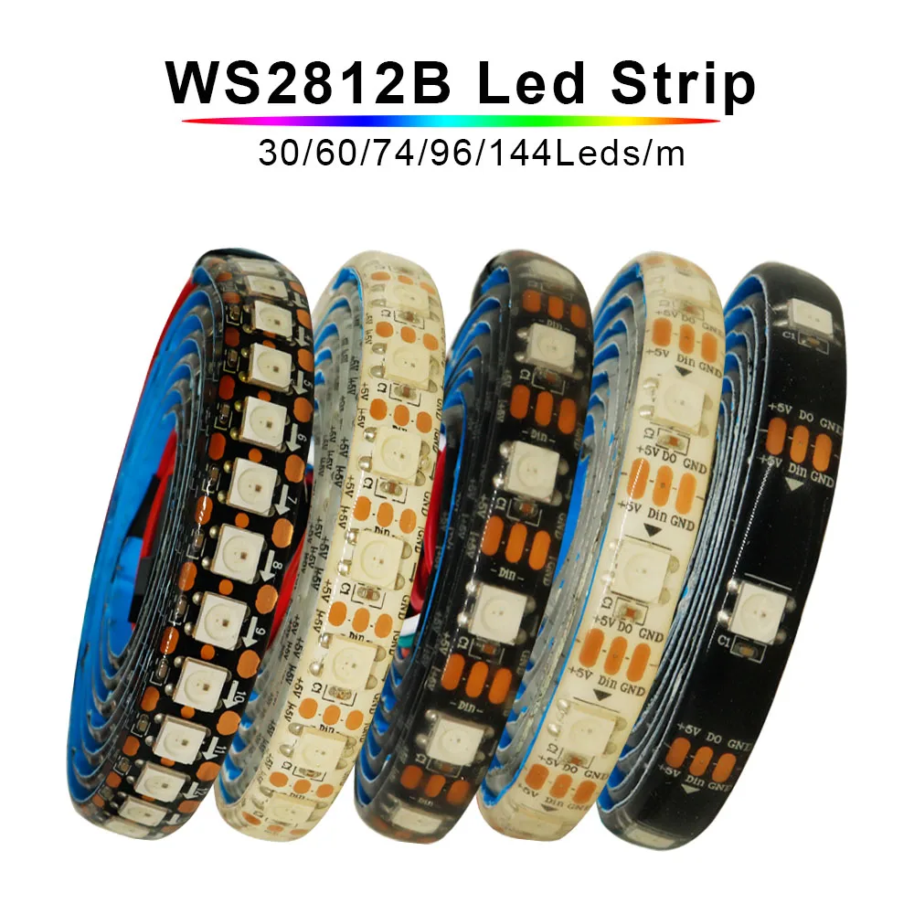 WS2812B Indywidualnie adresowalna taśma LED 1-5M 30/60/74/96/144 diod led/m WS2812 5050 RGBIC Inteligentne piksele Led Light IP30/65/67 DC5V