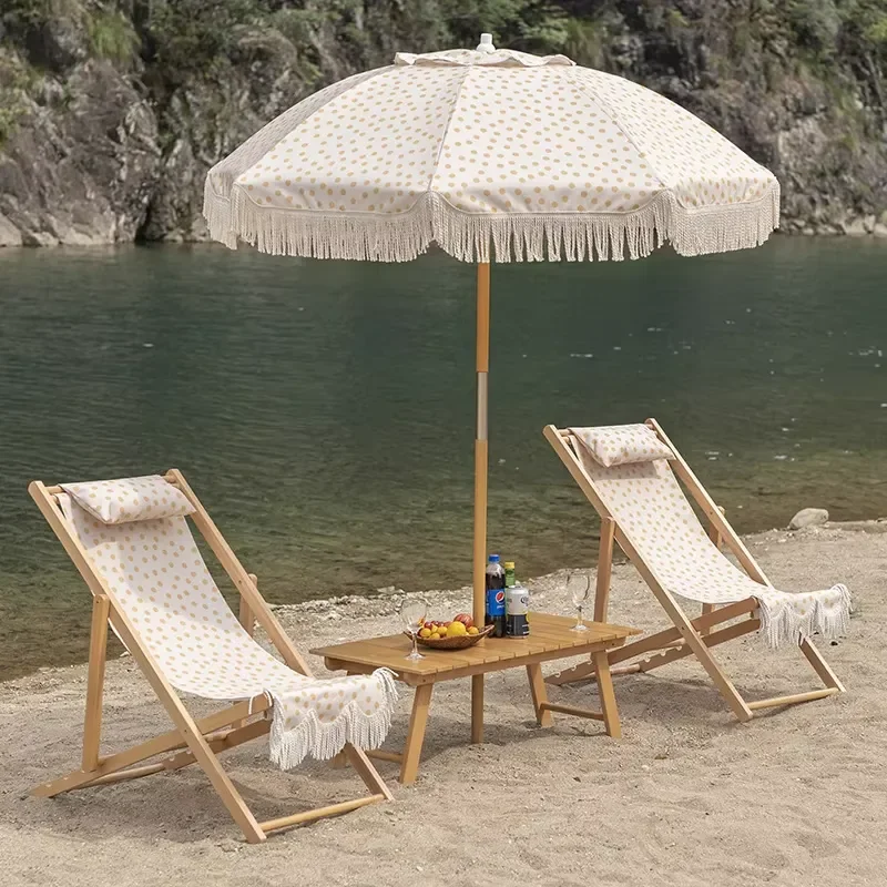 Portable Bamboo Folding Deck Chair with Sunshade Tassel for Camping Fishing Beach Outdoor Leisure Comfortable Seat Set