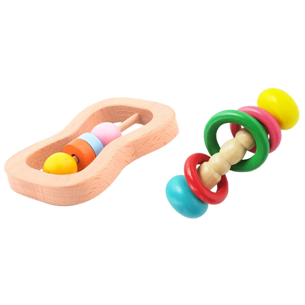 2pcs Wooden Baby Handbell 2 Styles Random Color Natural Wood Rattle Plaything Safe Durable Kids Hand Grab Music Educational