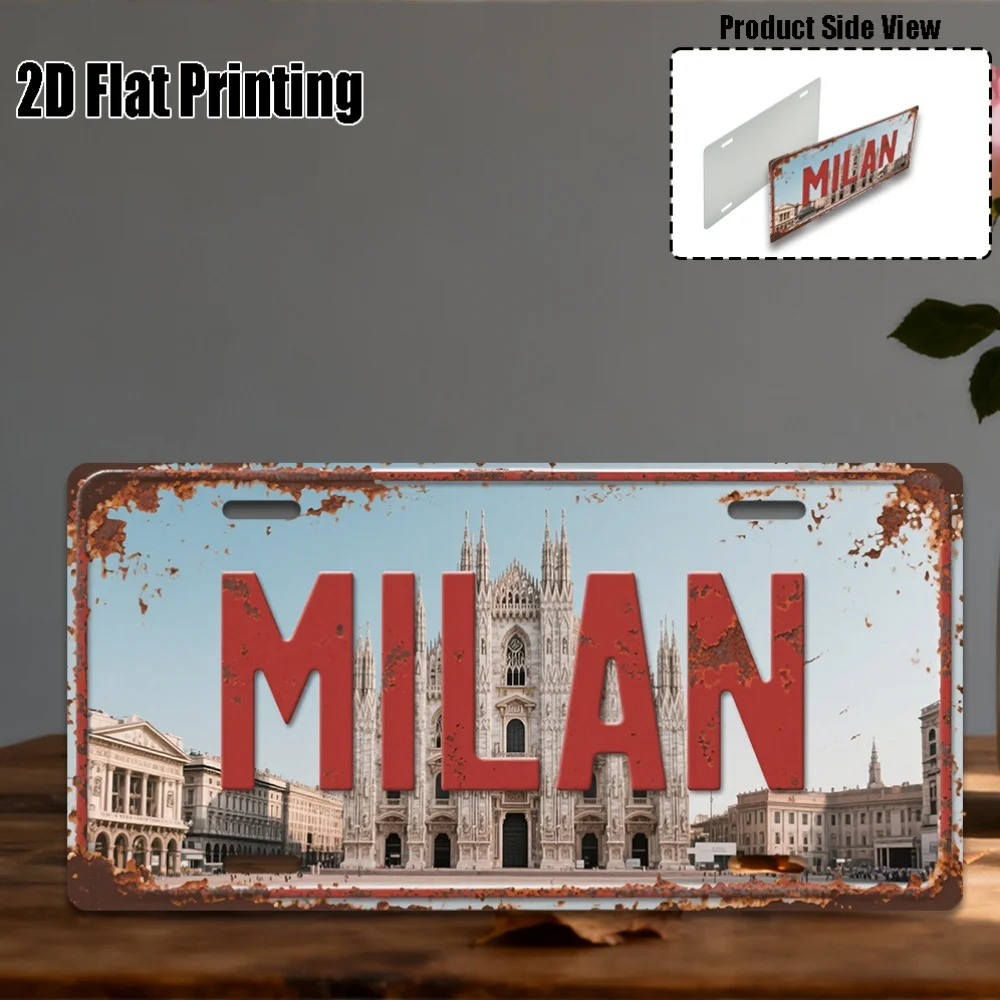 Couverture et cadre de plaque d'immatriculation 2D avec un design vintage Milan, Italie. Cette grande décoration murale en métal mesure [mesure précise], mettant en valeur le [élément].