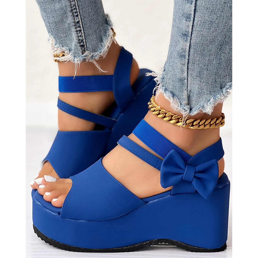 

Women Peep Toe Bowknot Decor Platform Slingback Wedge Sandals Summer Daily Casual Suede Blue Sandals 2024 Korean Style Spring