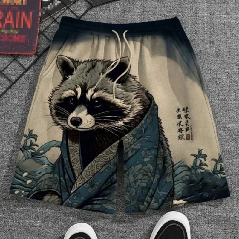 

Men's Bottoms Japanese Art Raccoon Rough Sea Waves Print Drawstring Shorts Holiday Elastic Waisted Harajuku Beach Short Pants