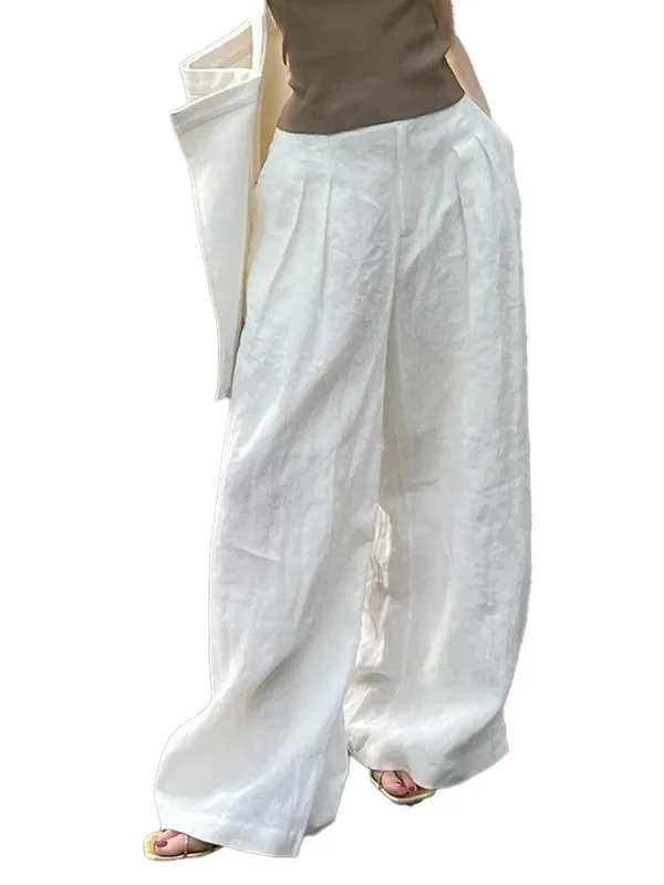 2025 여름 신상 한국 스타일 와이드 레그 팬츠 여성용 플리츠 디자인 슬림핏 드레이프 캐주얼 바지 하이웨이스트 스트레이트 컷