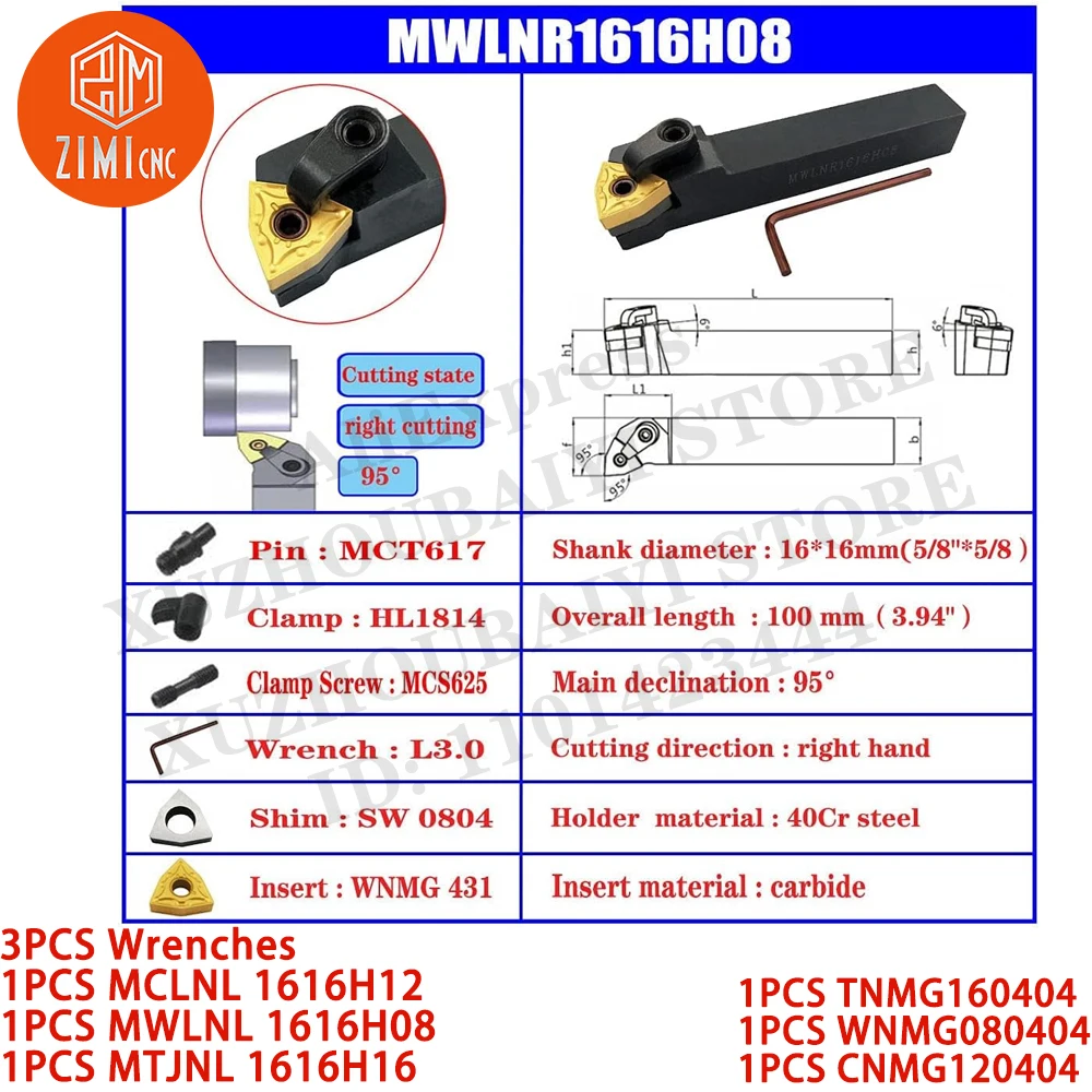 Portaherramientas de torneado de carburo Indexable, insertos TNMG160404 WNMG080404 CNMG120404, MCLNL 1616H12 MWLNL 1616H08 MTJNL 1616H16, 3 piezas