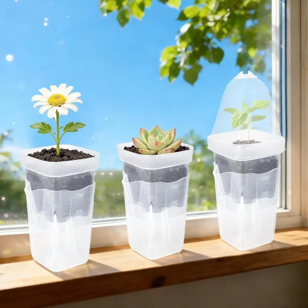 12 Set Clear Plastic Self Watering Pots Drainage Holes Reservoir System Propagation Plant Pot Dual
