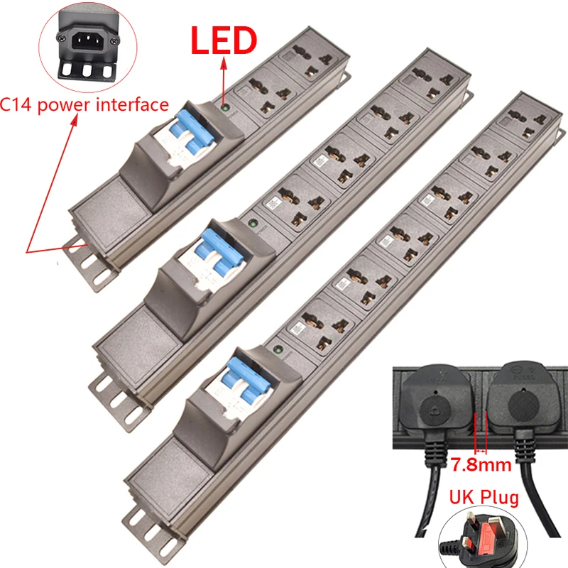 C14 interface PDU Power Strip 16A Disjuntor Tomadas universais Luz indicadora para montagem em rack de gabinete