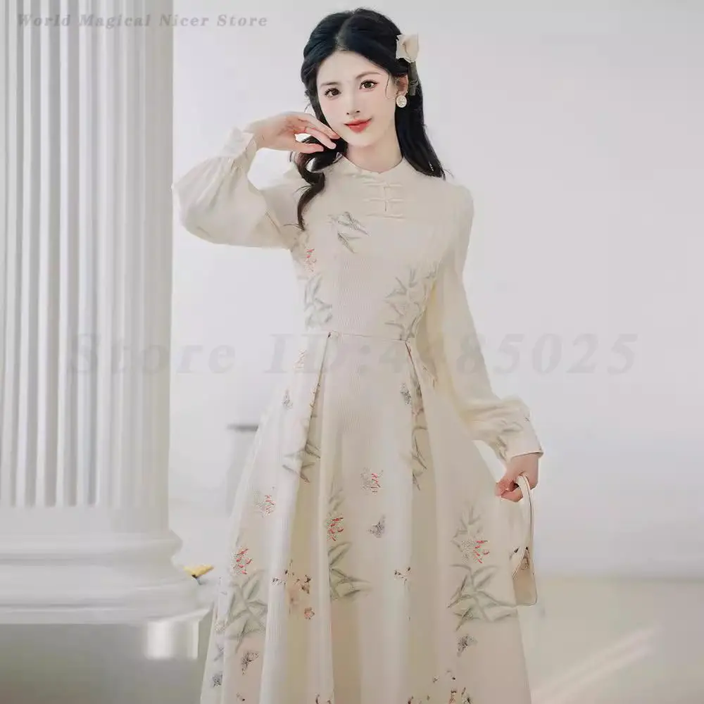 Women's New Chinese Retro Printed Dress Long Sleeved French Style Elegant Dresses Spring Fashion Literary Vestidos be mujer Gown