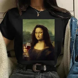 Vintage Humor Mona Lisa Print Women Fashion Top Funny Rose Mona Lisa T-Shirt Classic Camise Breathable Short-sleev