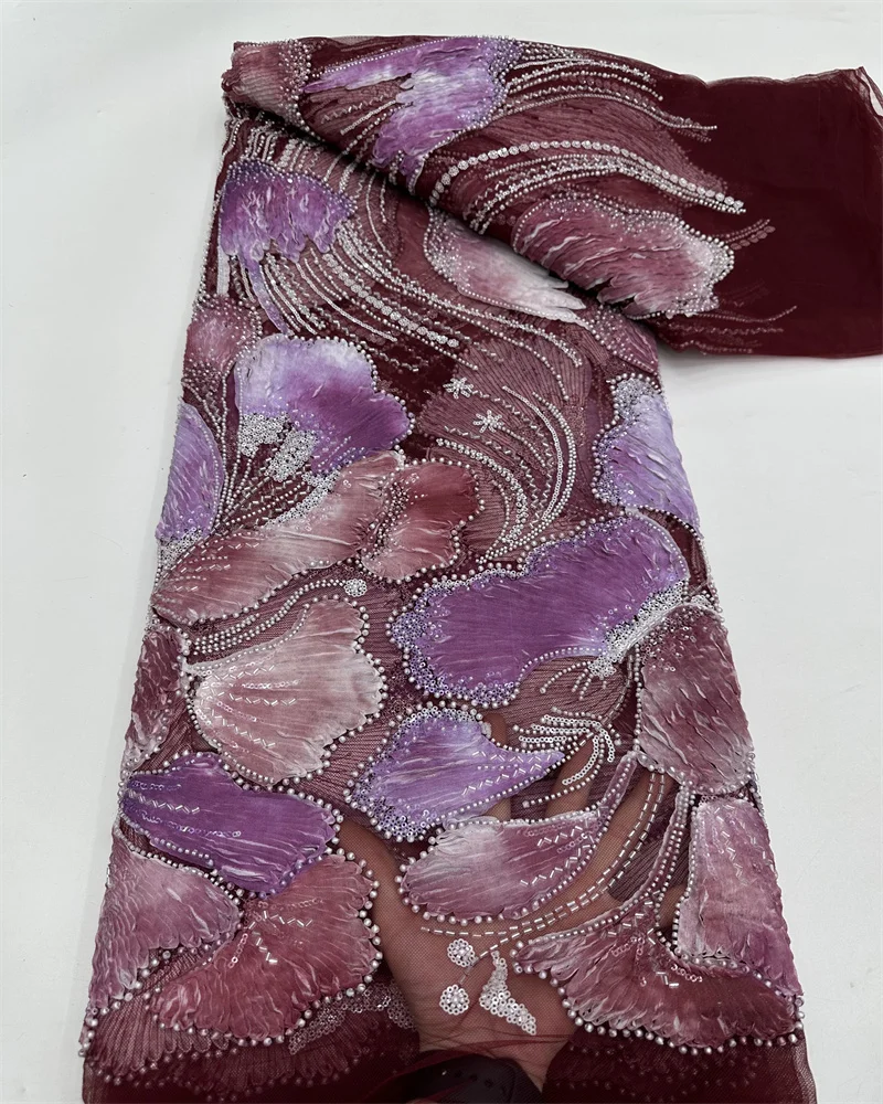 3D Flower Beads Lace Fabric 2025 High Quality French Mesh Embroidery Sequins Pearls Beaded Nigerian Lace Fabrics RF80TH-23