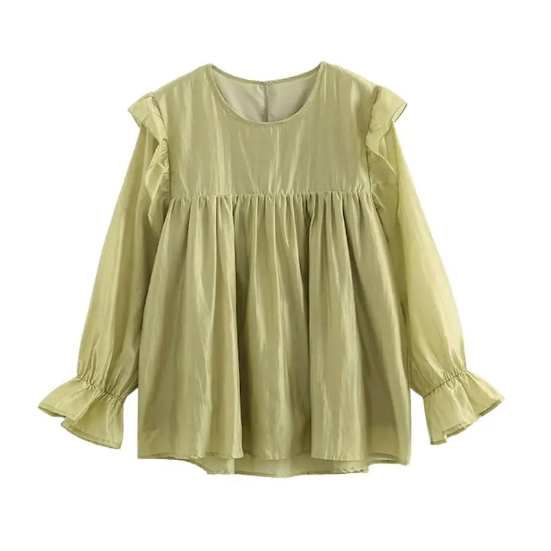 

Spring Lyocell Design Sense O-Neck Blouses Lovely Sweet Elegant Ruffled Tops High Quality Soft Chic Butterfly Sleeve Blouses