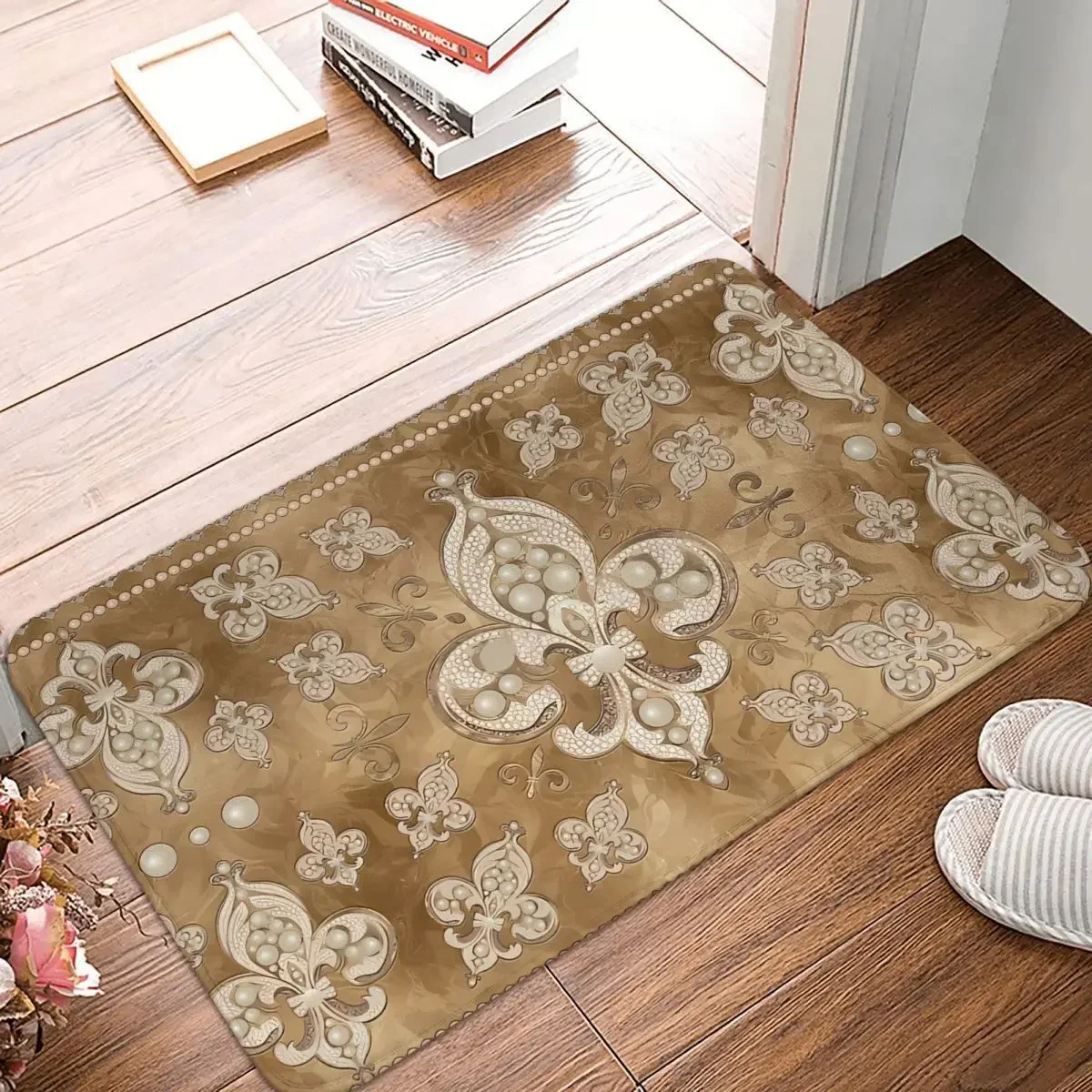 Fleur De Lys Bedroom Mat Luxury Pearl And Gold Ornament Rug Home Doormat Living Room Carpet Outdoor