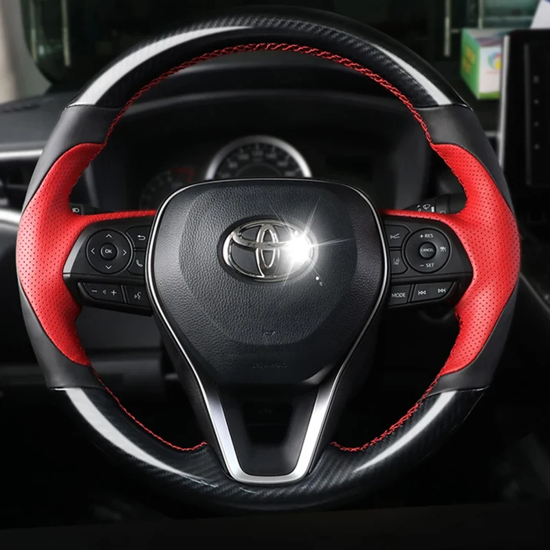 

DIY Hand Stitched Genuine Leather Carbon Fiber Car Steering Wheel Cover For Toyota Avalon Camry Crown Corolla RAV4 2018-2022