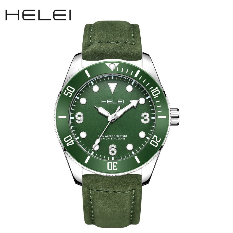 HELEI Fashion new sports casual quartz watch date genuine Leather luminous strap men\'s wristwatch