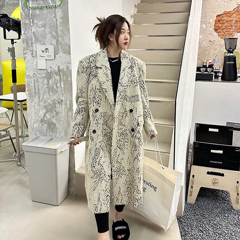 

Модное осенне-зимнее женское шерстяное пальто средней длины с принтом, повседневное двубортное пальто с воротником костюма и длинными рукавами, теплая женская верхняя одежда