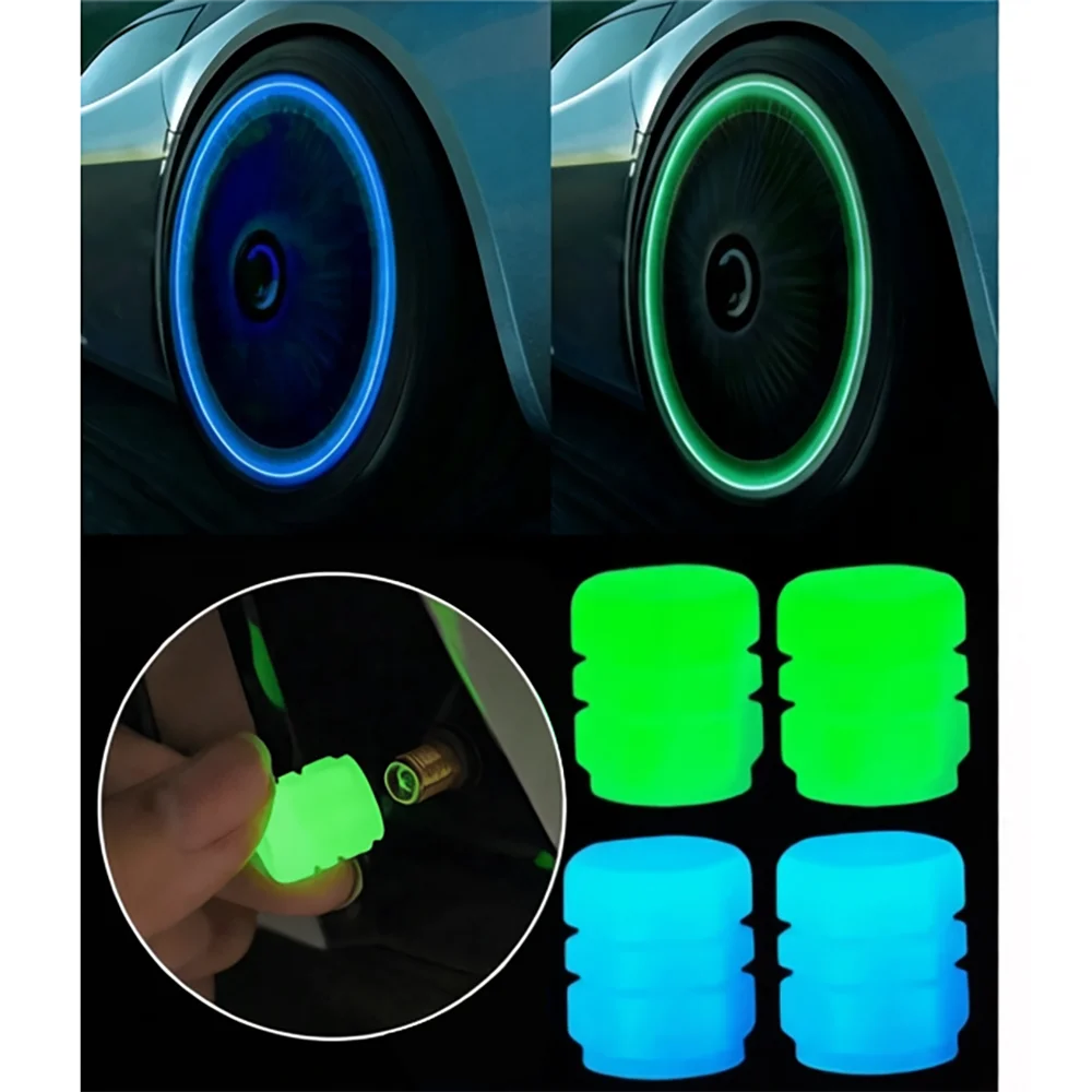 4Pcs Luminous Tire Valve Caps, Light Storage Glow In Dark Wheel Air Valve Stem Covers, Dustproof Decor Caps Fit Car