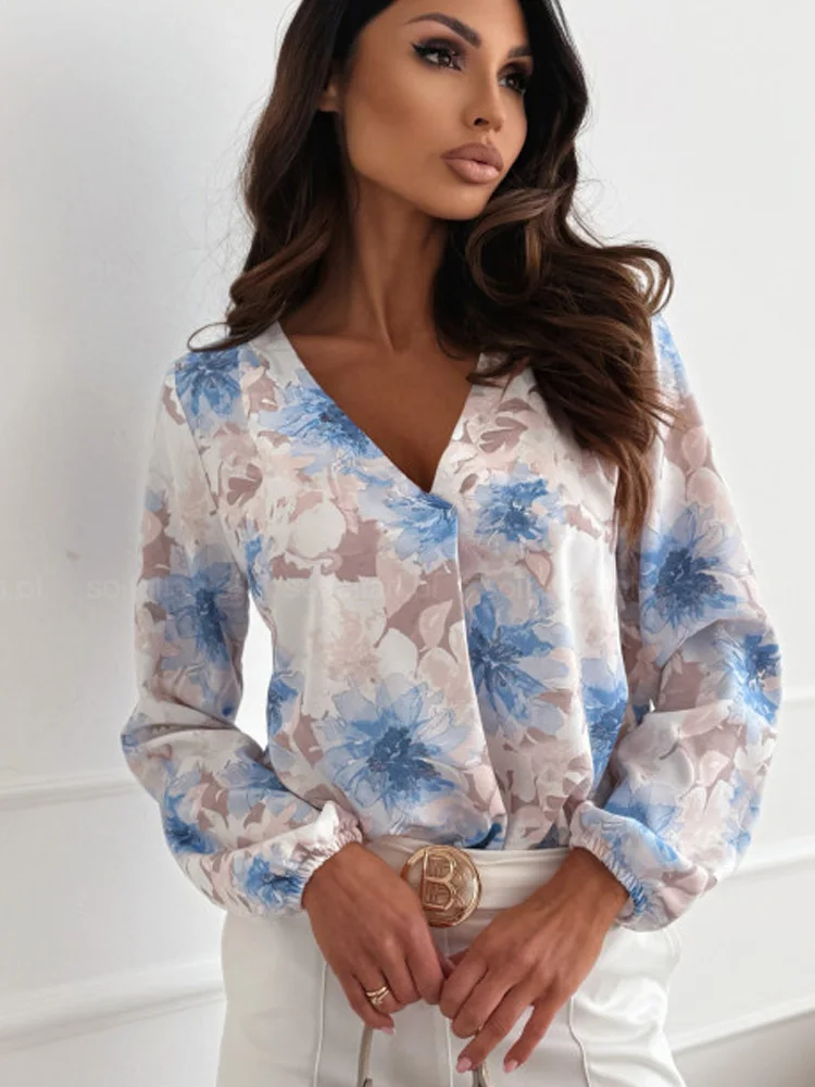 

New Printing V Neck Women Blouse Casual Loose Long Sleeve Floral Women's Shirts Office Lady Elegant Woman Tops Summer Clothes
