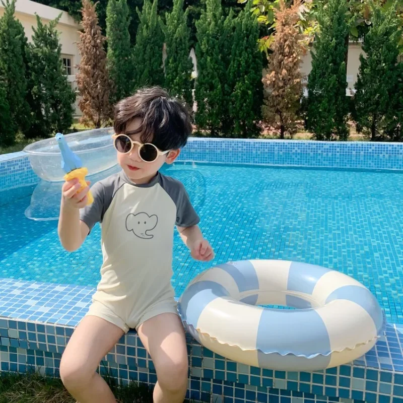 Kids One Piece Swimsuit Baby Boys Short Sleeve Quick-Dry Cute Cartoon Elephant Surfing Suit Children Swimwear Bathing Suit