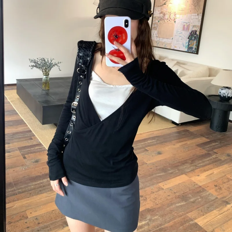 Damen Farbblock-Oberteil mit Langen Ärmeln in Schwarz, Einzigartiges Falsches Zweiteiler-Layering-Oberteil im Koreanischen Stil, Weiches Büro- und Freizeit-Top für den Herbst – Detail 22