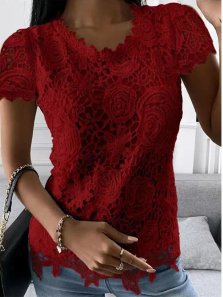 Women Lace Hollow T Shirt Top Fashion Round Neck Long Sleeve Office Lady Blouses Casual Vintage High Street Boho Tops All Season