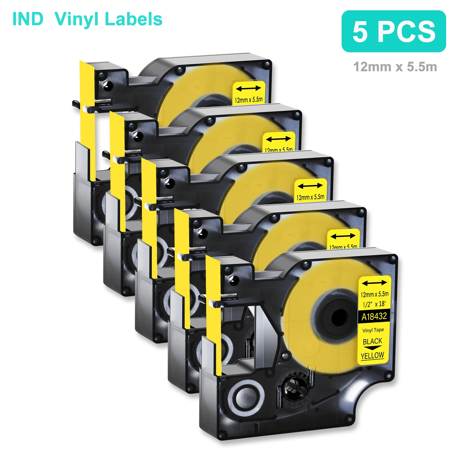 

5PK 12mm x 5.5m Label Tape Compatible For Dymo 18432 IND Vinyl Labels Black on Yellow For DYMO Rhino 1000, 4200, 5200 3M PL150