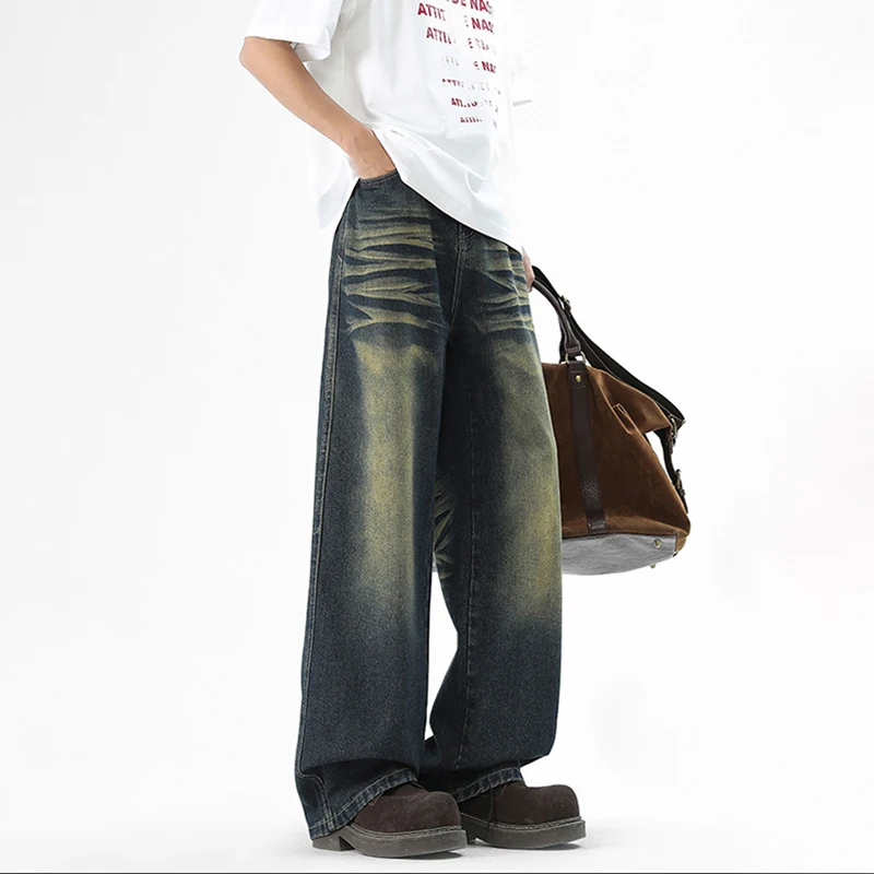 Men's Gradient Color Distressed Jeans High Quality Heavyweight Washed Denim Pants Man American Retro Wide Leg Jeans Spring Fall