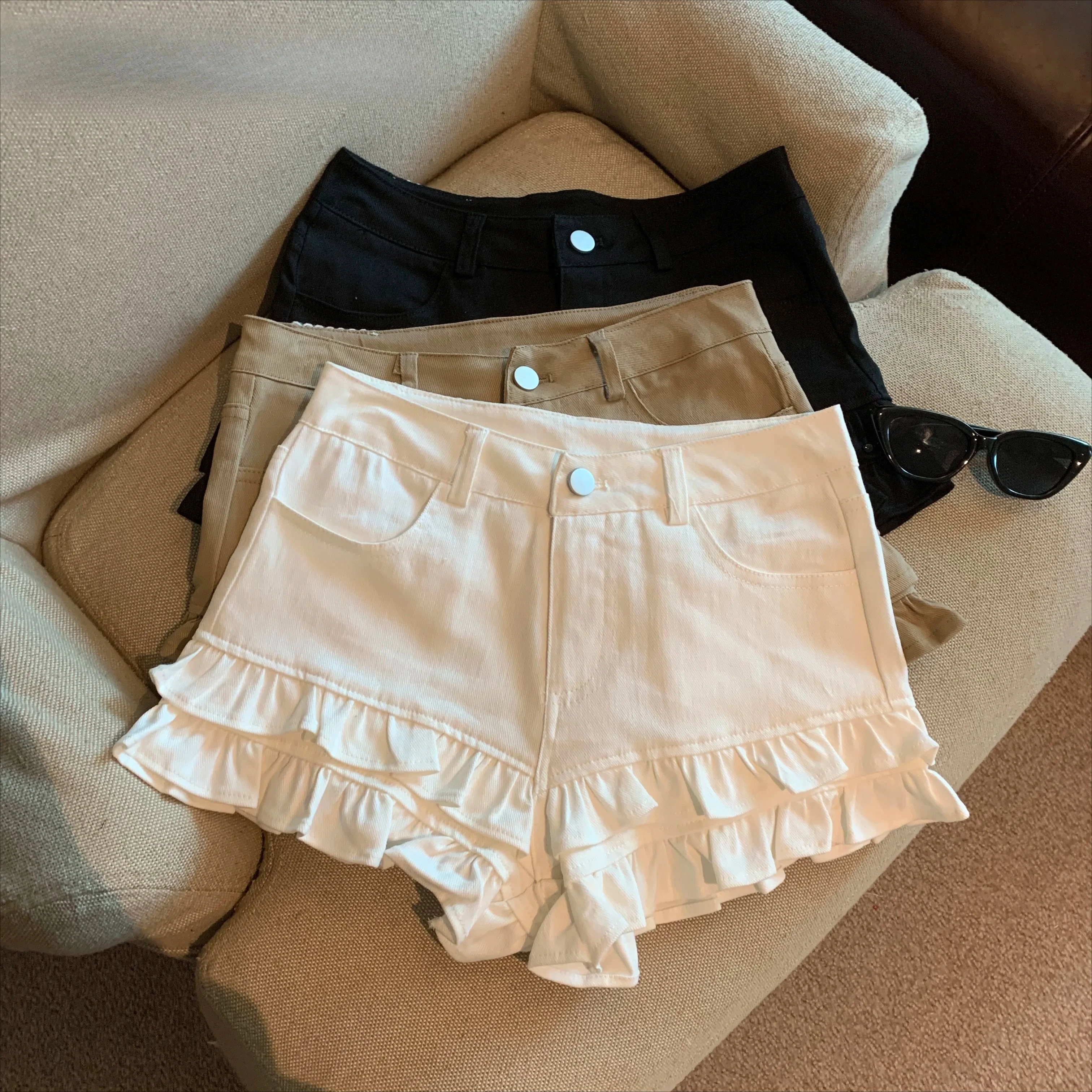 

Sweet Spice Double Lace Low Waist Denim Shorts Solid Color A- Line Short Hot Pants Women's Summer Slim Skinny Shorts Skirt
