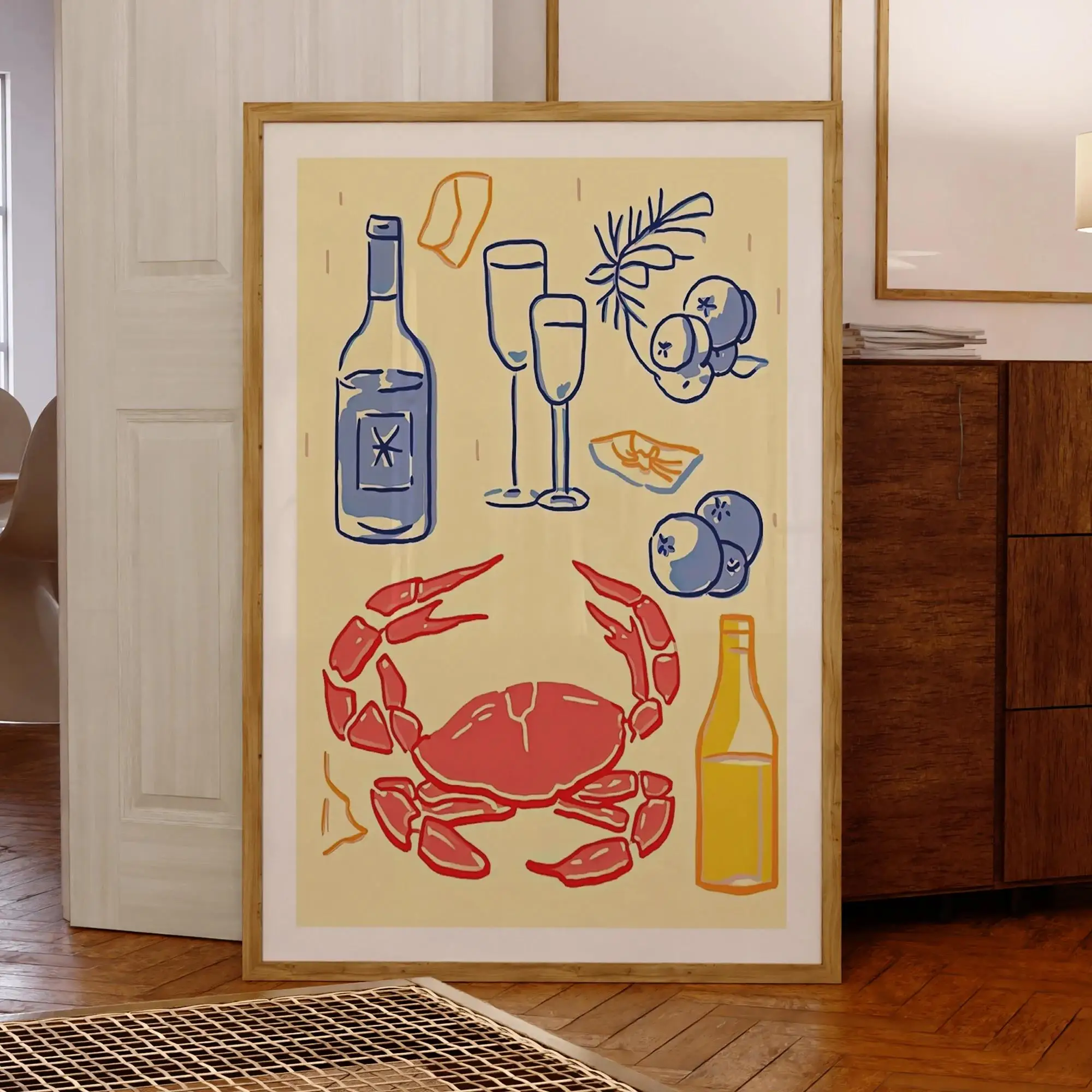 Krabbe und Wein Abendessen Wand Kunstdrucke Leinwand Malerei Poster Bild für Wohnzimmer Küche Esszimmer Home Decor