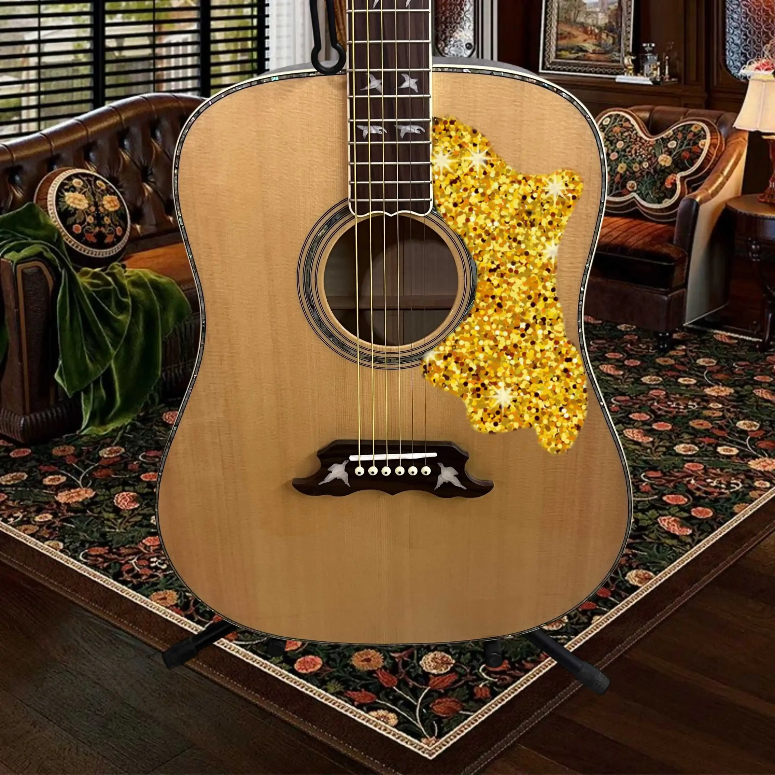 HB Acoustic Guitar Green Pickguard Bird Inlays Fingerboard Headstock Classic Round Shoulder Dreadnought Body Perfect Strumming