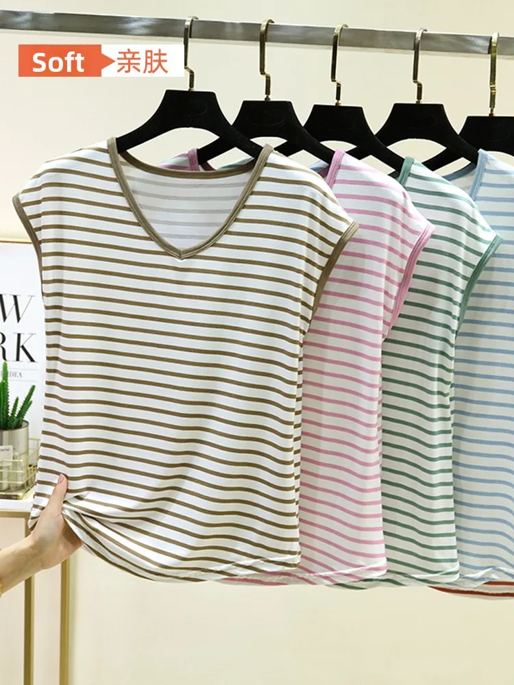 Slimming Effect Modal V-Neck Sleeveless Striped T-Shirt Women Summer Inner Wear Tank Top plus Size Outerwear Cool Feeling Bas...