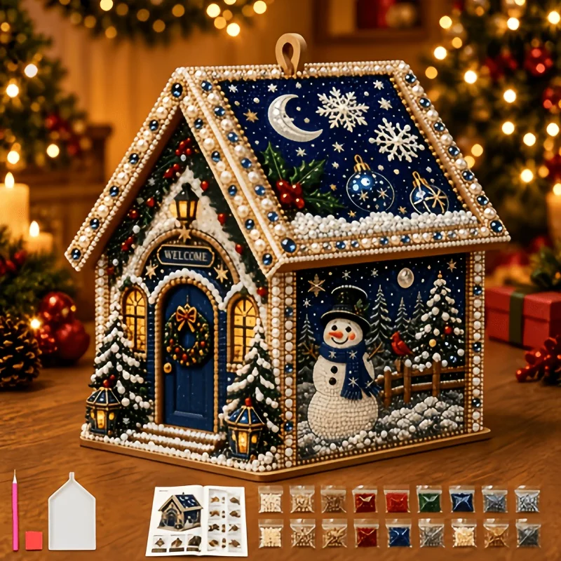 1-Piece Set Adult Wooden Christmas House Diamond Painting Kit, Pearl Bead Details, Four-Sided Holiday Artwork, Requires Self-Assembly, Tree Hanging Display, Christmas Craft Gift, Christmas Present
